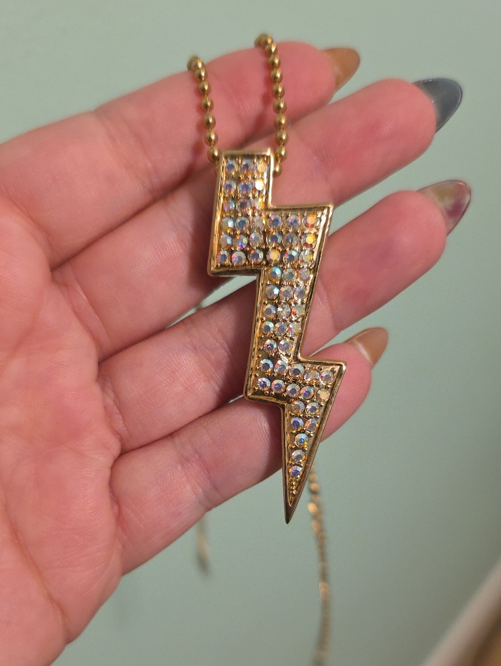 Gold Lightning Bolt Pendant Necklace with Iridescent Stones